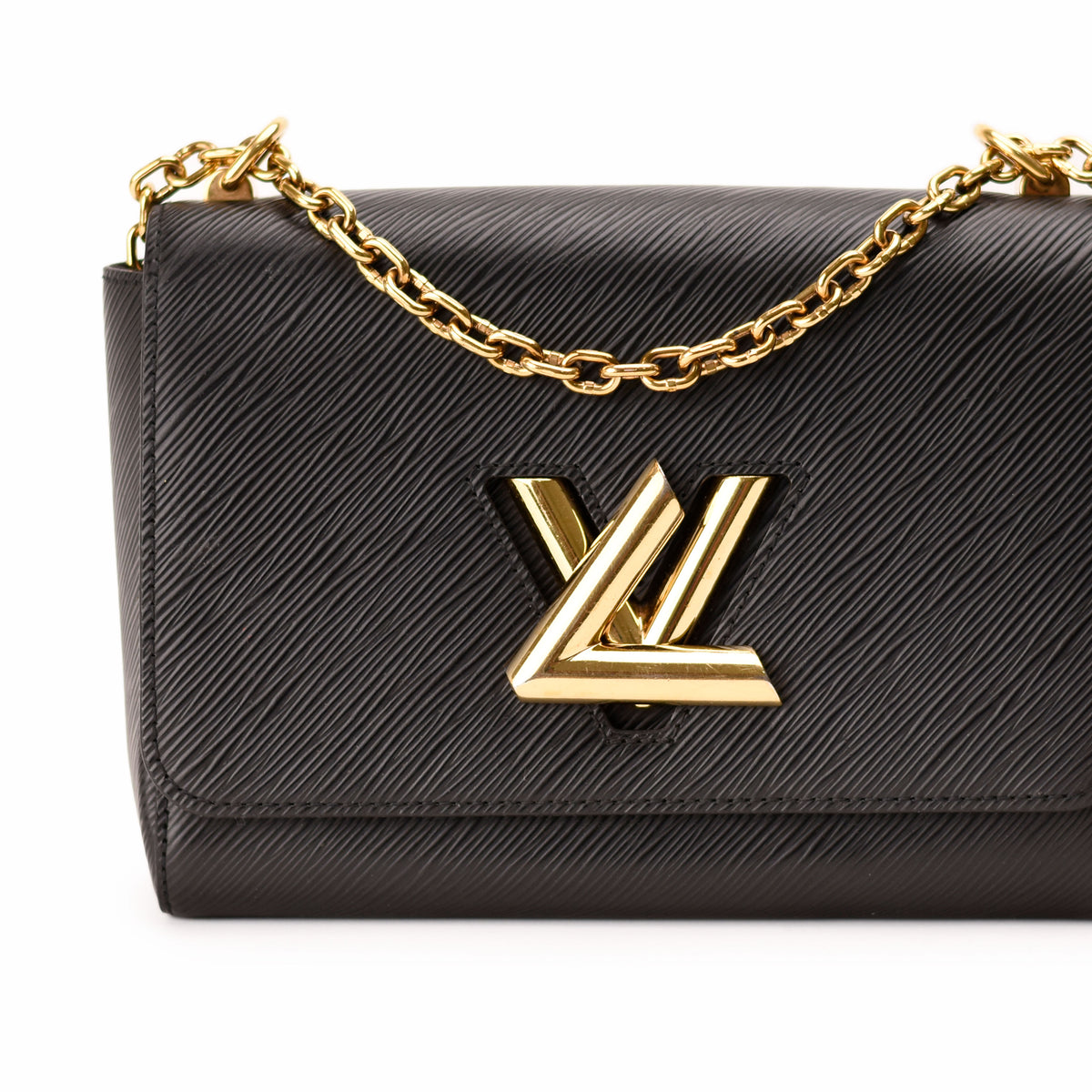Black Louis Vuitton textured leather handbag with gold-tone chain strap. curated Pre-loved Luxury by Myluxe in Helsinki.