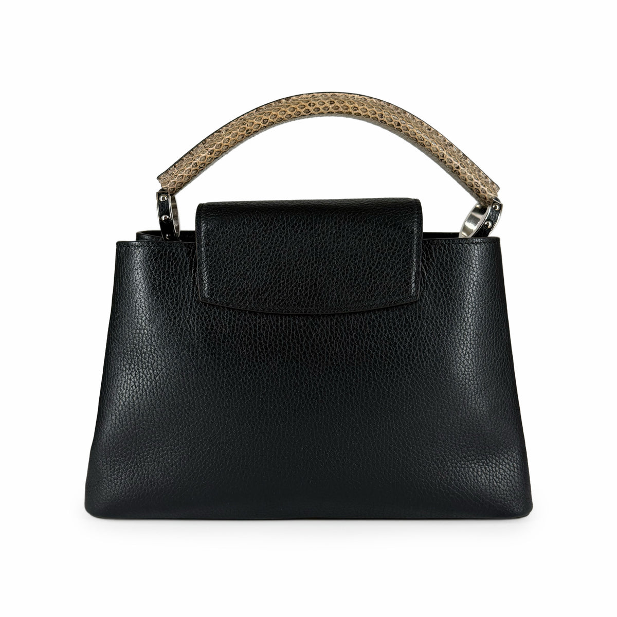 Black pebbled leather handbag with a textured snakeskin handle, curated Pre-loved Luxury by Myluxe in Helsinki.