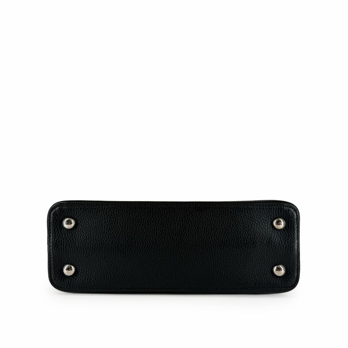 Bottom view of a black textured leather handbag with silver-tone metal feet, curated Pre-loved Luxury by Myluxe in Helsinki.