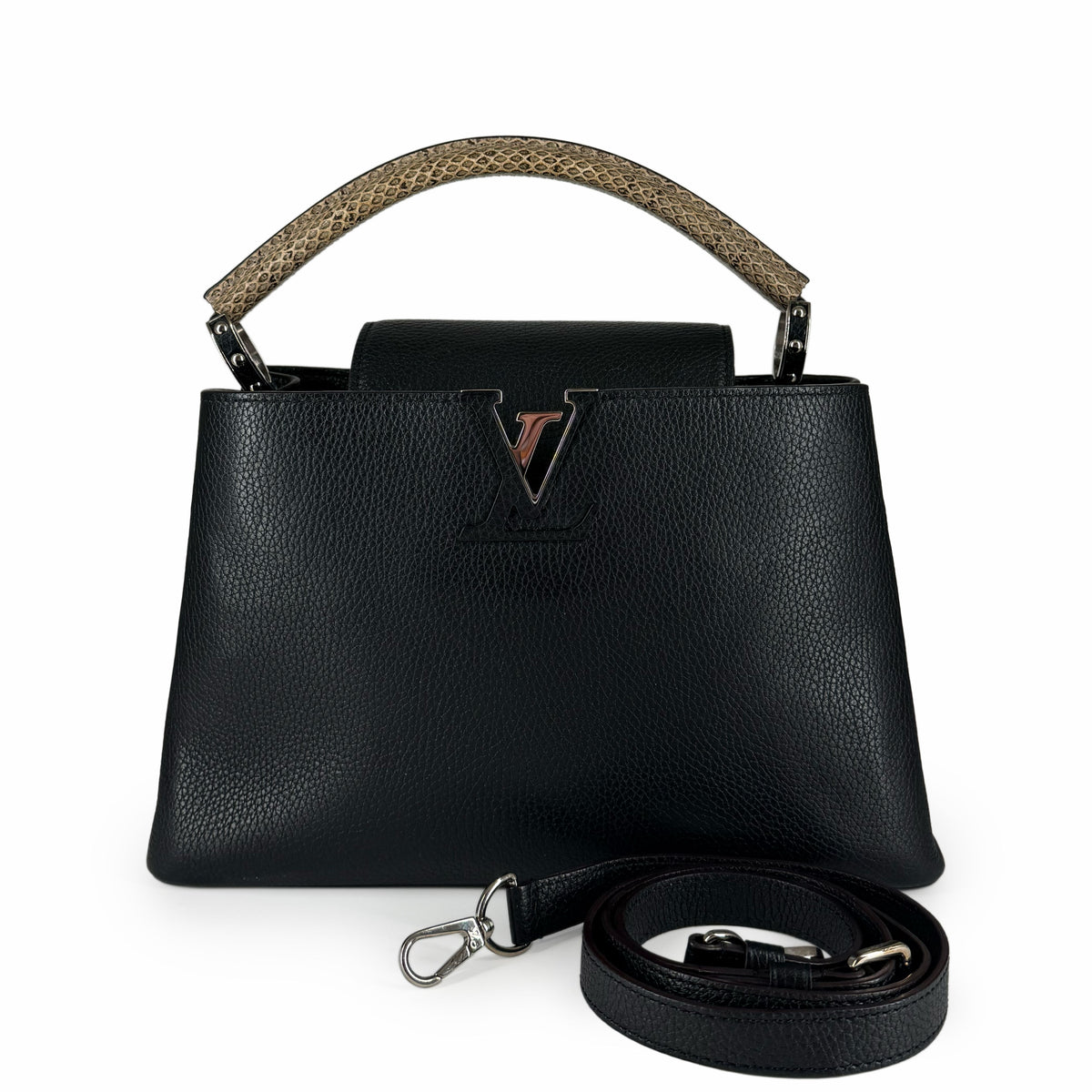 Black textured leather Louis Vuitton handbag with snakeskin handle, curated Pre-loved Luxury by Myluxe in Helsinki.