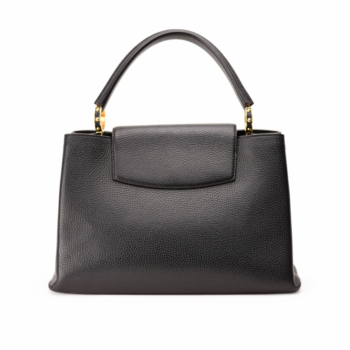 Black pebbled leather handbag with gold-tone hardware, curated Pre-loved Luxury by Myluxe in Helsinki.
