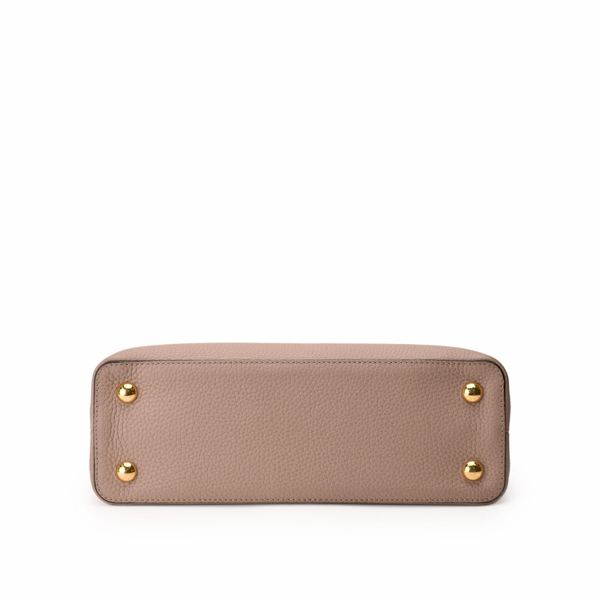 Taupe pebbled leather handbag base with four gold-tone metal feet, curated Pre-loved Luxury by Myluxe in Helsinki.