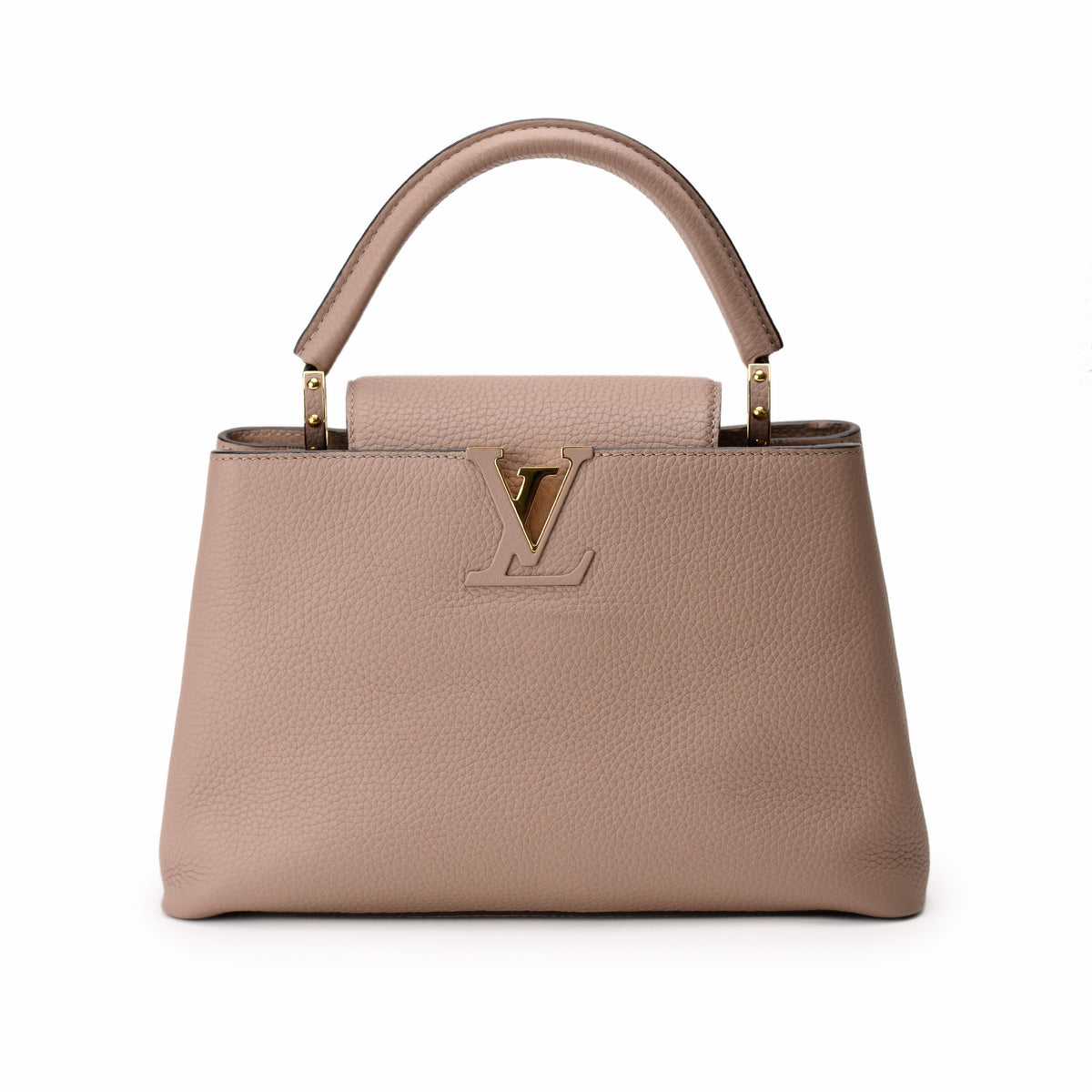 Taupe pebbled leather Louis Vuitton handbag with gold-tone LV hardware, curated Pre-loved Luxury by Myluxe in Helsinki.