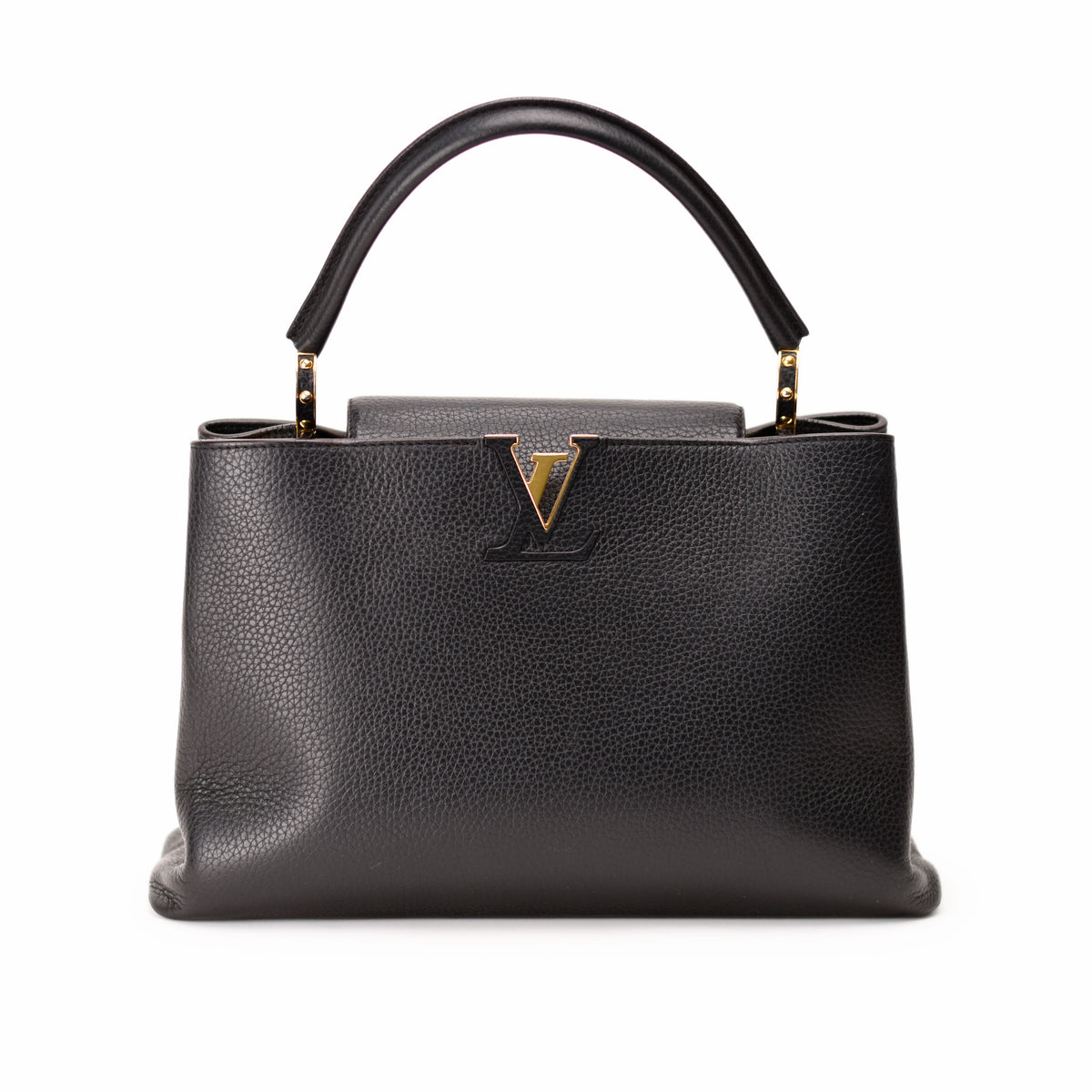 Black grained leather Louis Vuitton handbag with gold-tone LV logo, curated Pre-loved Luxury by Myluxe in Helsinki.