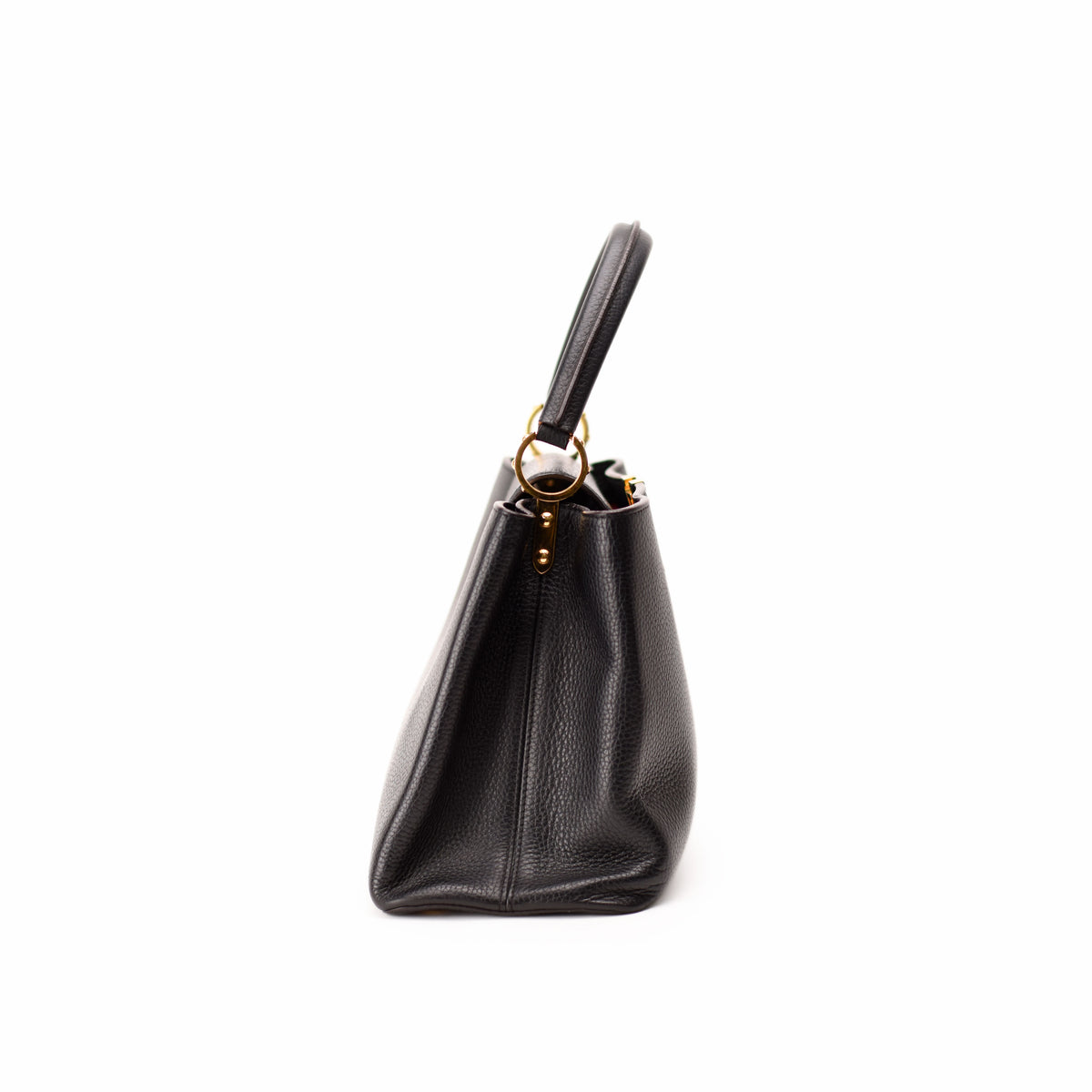 Black grained leather luxury tote bag with gold-tone hardware. curated Pre-loved Luxury by Myluxe in Helsinki.