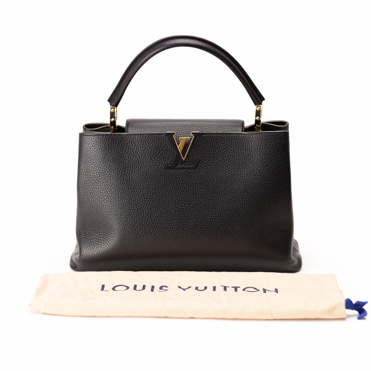 Black grained leather Louis Vuitton handbag with gold-tone LV hardware. curated Pre-loved Luxury by Myluxe in Helsinki.