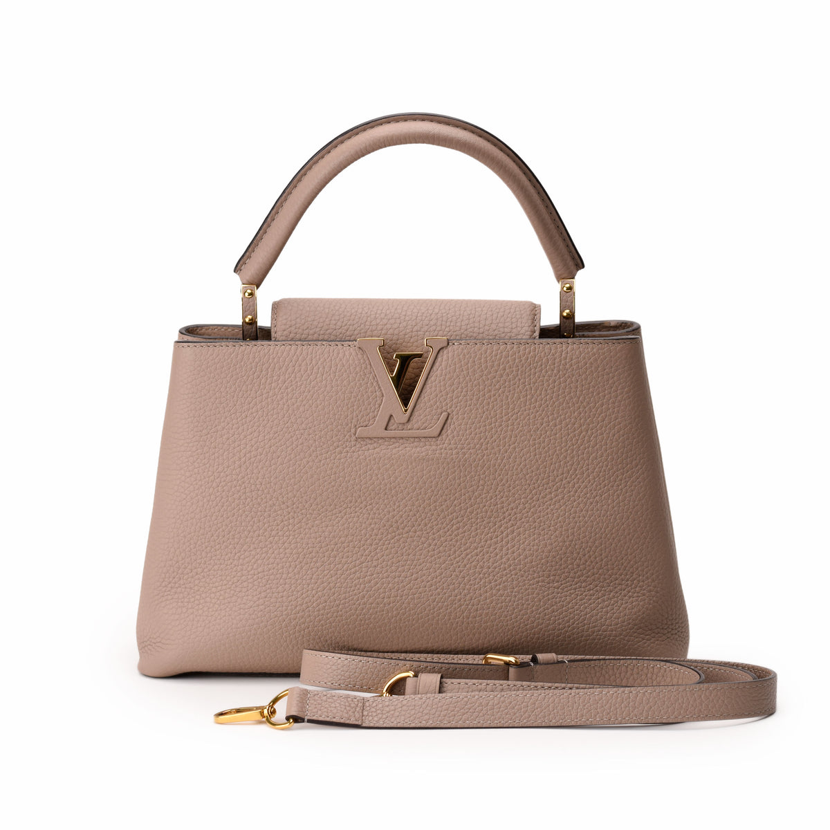 Taupe grained leather Louis Vuitton handbag with gold-tone LV hardware, curated Pre-loved Luxury by Myluxe in Helsinki.