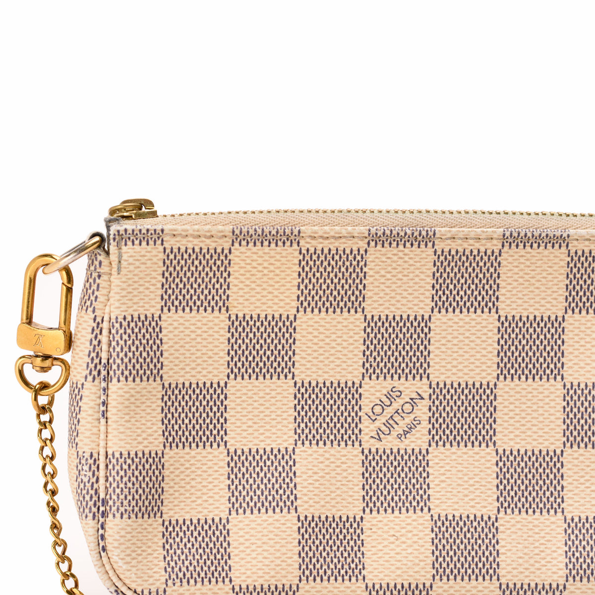 Louis Vuitton Damier Azur canvas pouch with gold-tone chain, curated Pre-loved Luxury by Myluxe in Helsinki.