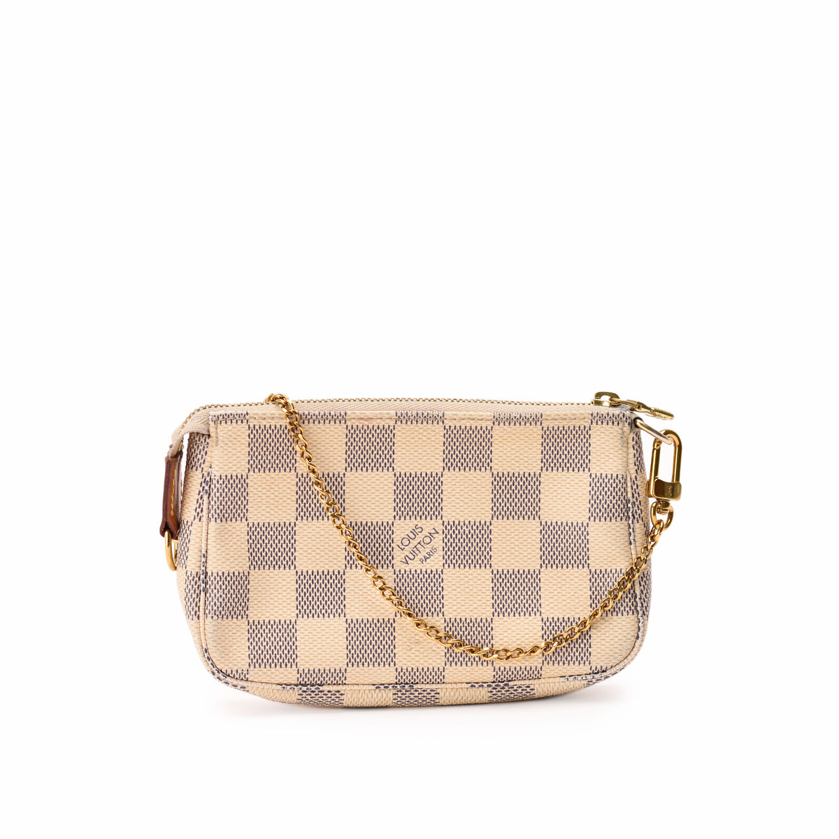 Louis Vuitton Damier Ebene canvas crossbody bag with gold-tone chain, curated Pre-loved Luxury by Myluxe in Helsinki.