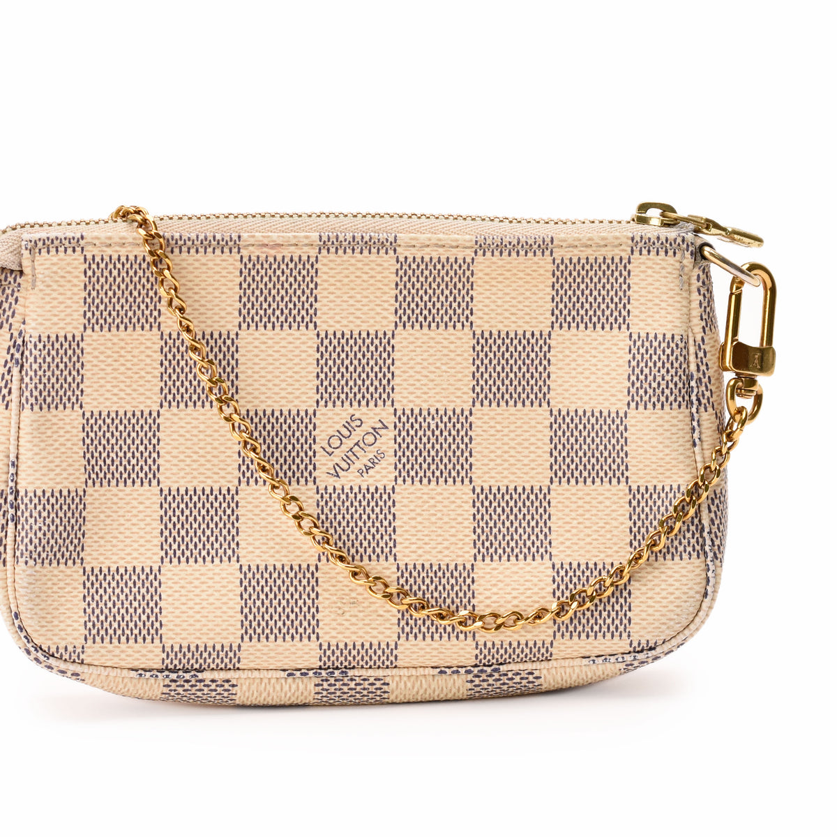 Louis Vuitton Damier Ebene canvas crossbody bag with gold-tone chain strap, curated Pre-loved Luxury by Myluxe in Helsinki.
