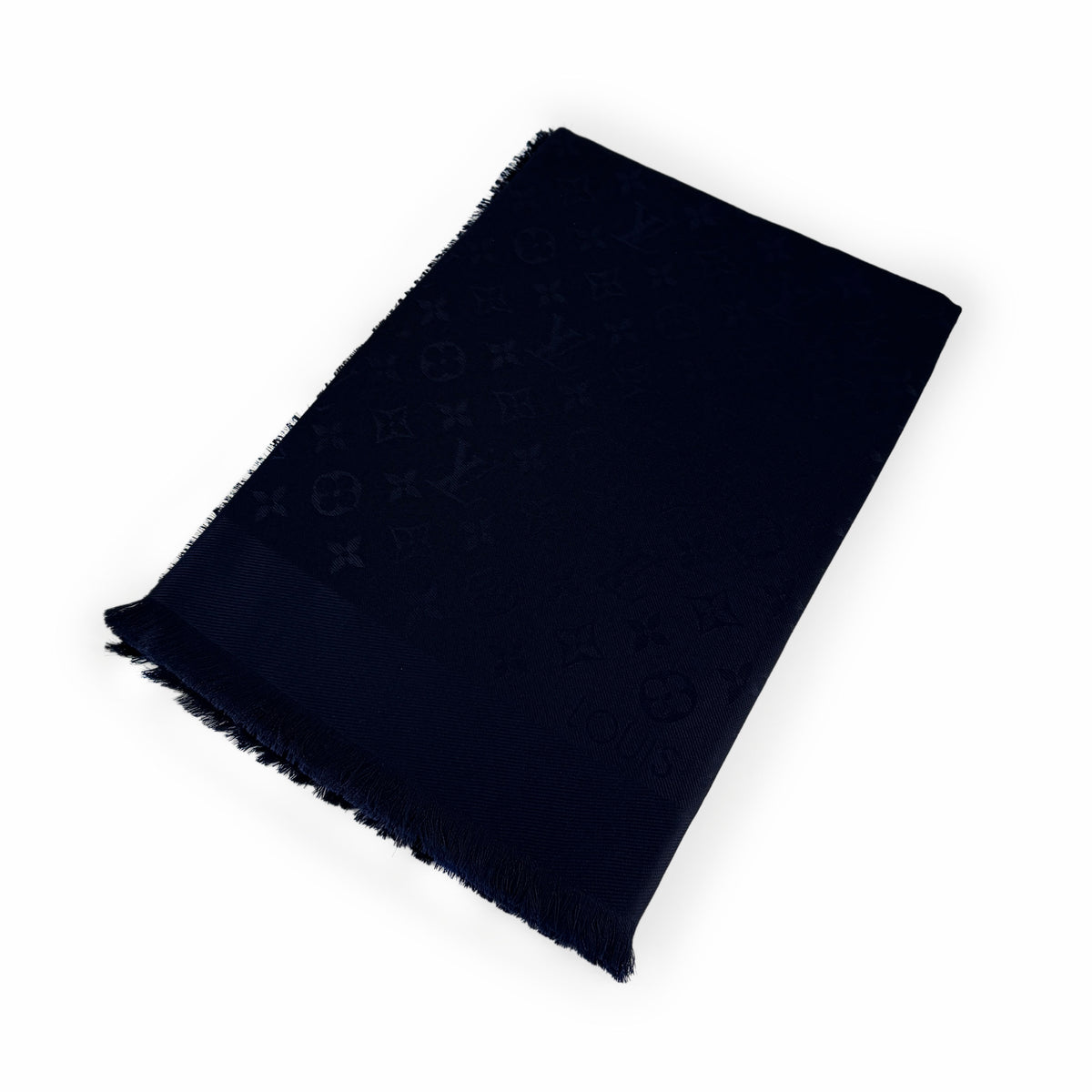 Black Louis Vuitton monogram pattern silk scarf, curated Pre-loved Luxury by Myluxe in Helsinki.