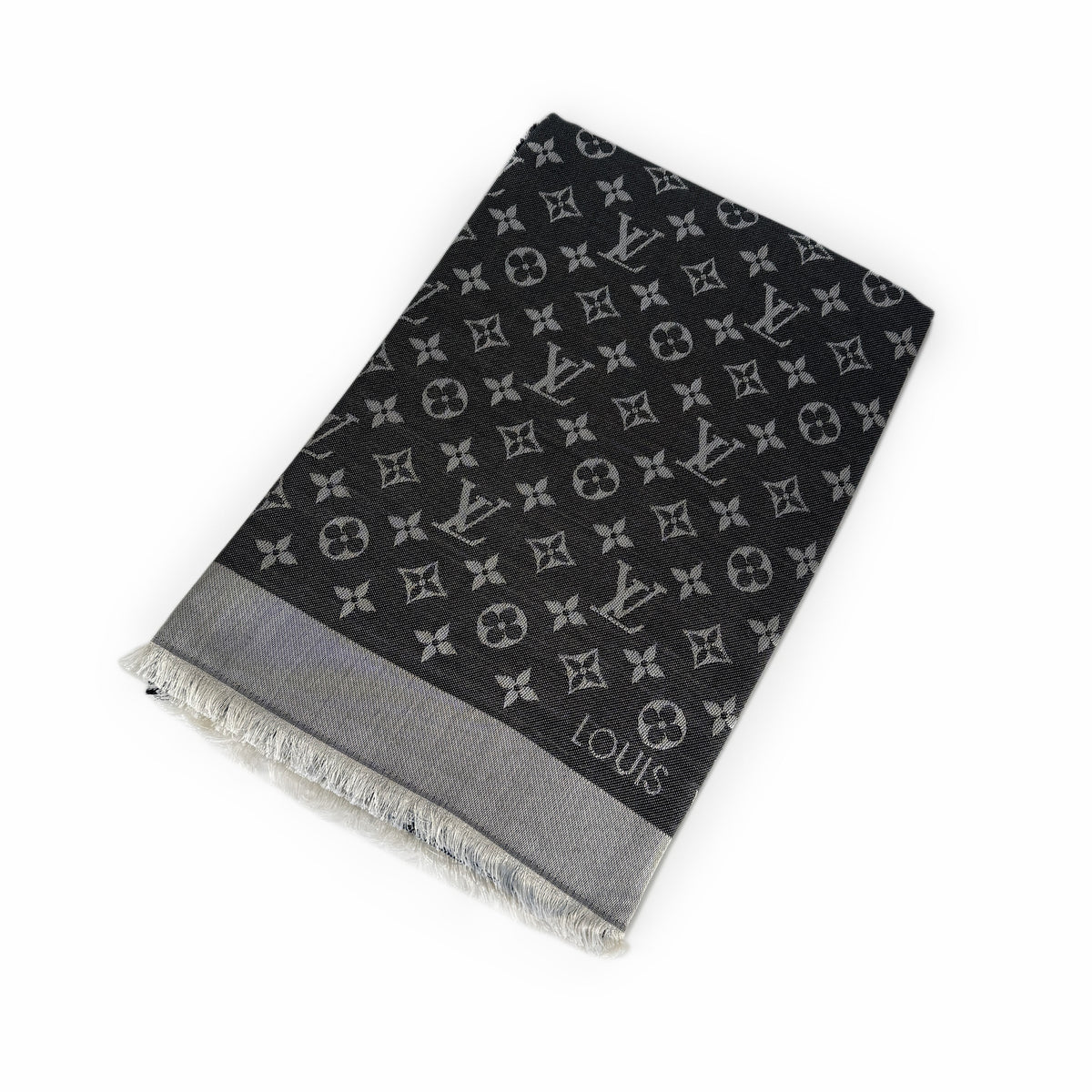 Black Louis Vuitton monogram pattern scarf with grey fringed edges, curated Pre-loved Luxury by Myluxe in Helsinki.