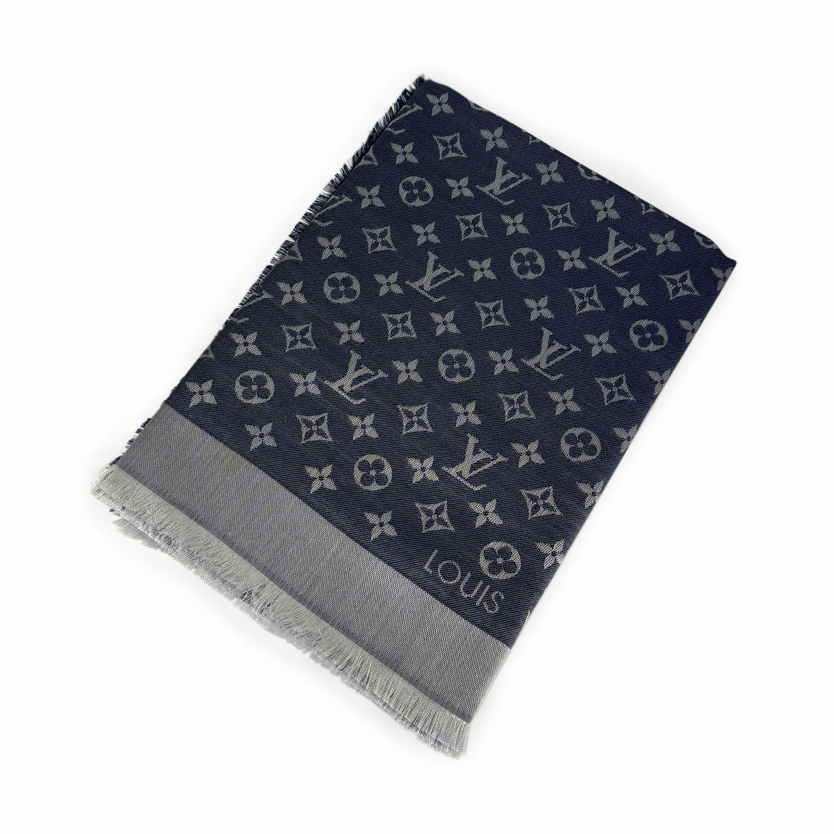 Navy blue Louis Vuitton monogram pattern scarf with fringed edges, curated Pre-loved Luxury by Myluxe in Helsinki.