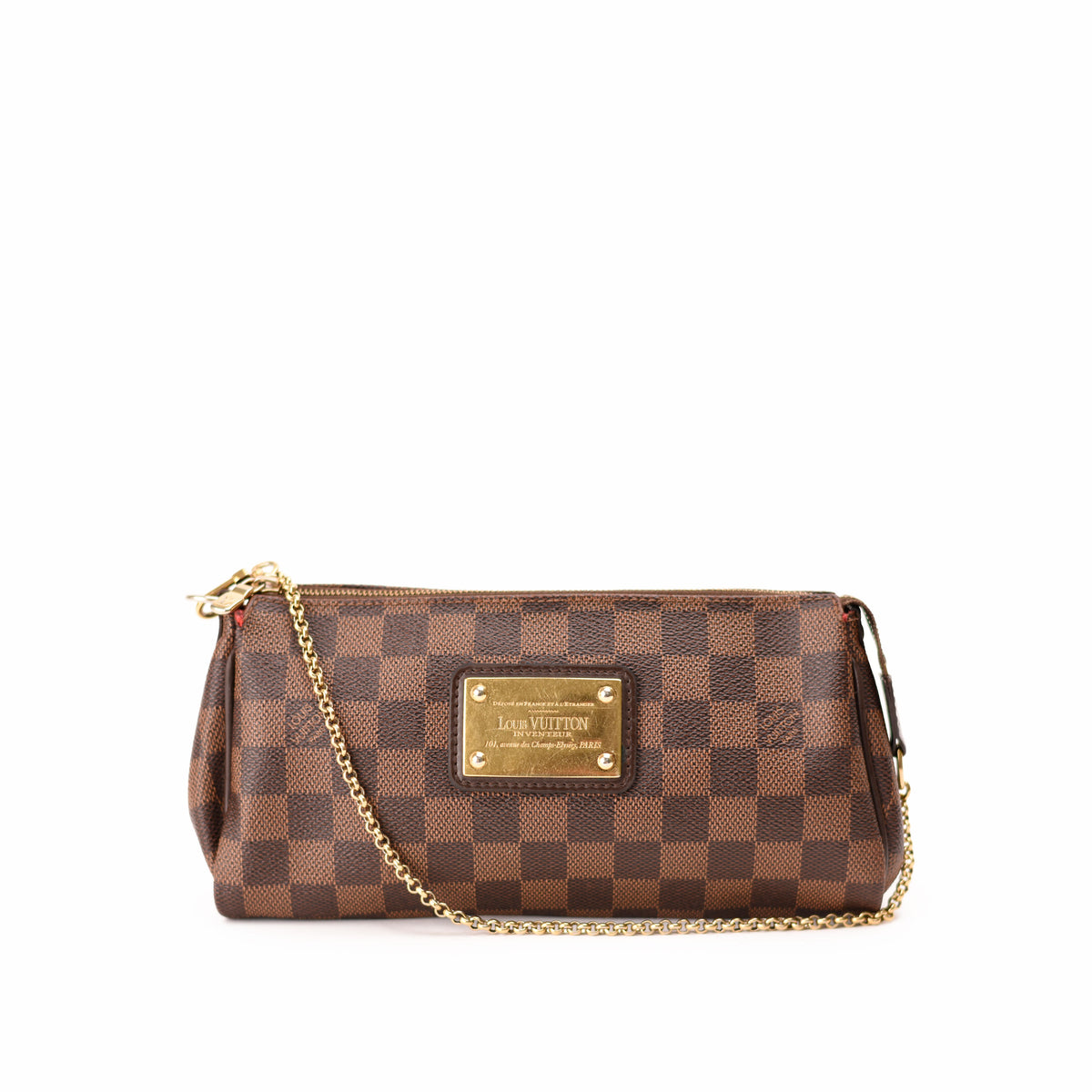 Louis Vuitton Damier Ebene canvas crossbody bag with gold chain strap. curated Pre-loved Luxury by Myluxe in Helsinki.