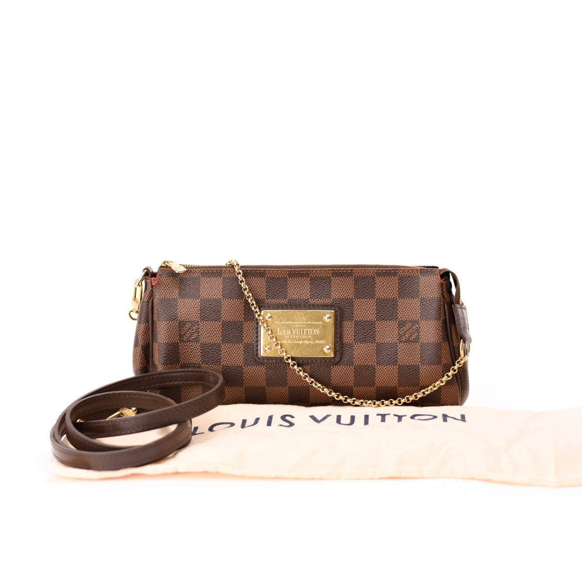 Louis Vuitton Damier Ebene brown checkered canvas crossbody bag with gold hardware. curated Pre-loved Luxury by Myluxe in Helsinki.