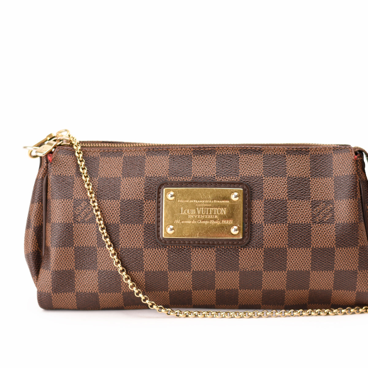 Louis Vuitton Damier Ebene brown checkered canvas clutch with gold chain. curated Pre-loved Luxury by Myluxe in Helsinki.