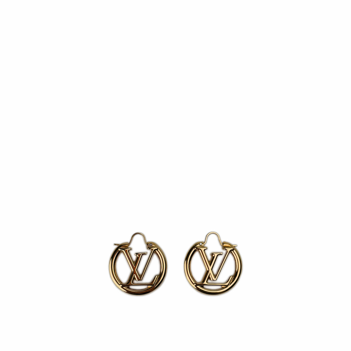 Gold-tone Louis Vuitton logo earrings, curated Pre-loved Luxury by Myluxe in Helsinki.