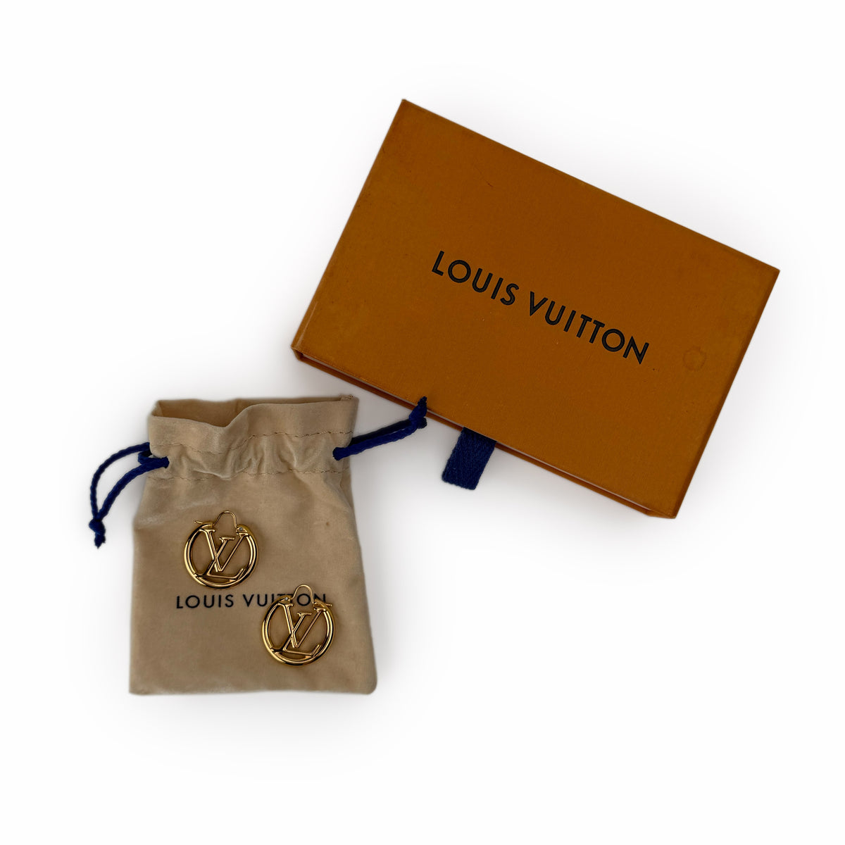 Gold-tone Louis Vuitton LV logo stud earrings with luxury box and dust bag, curated Pre-loved Luxury by Myluxe in Helsinki.