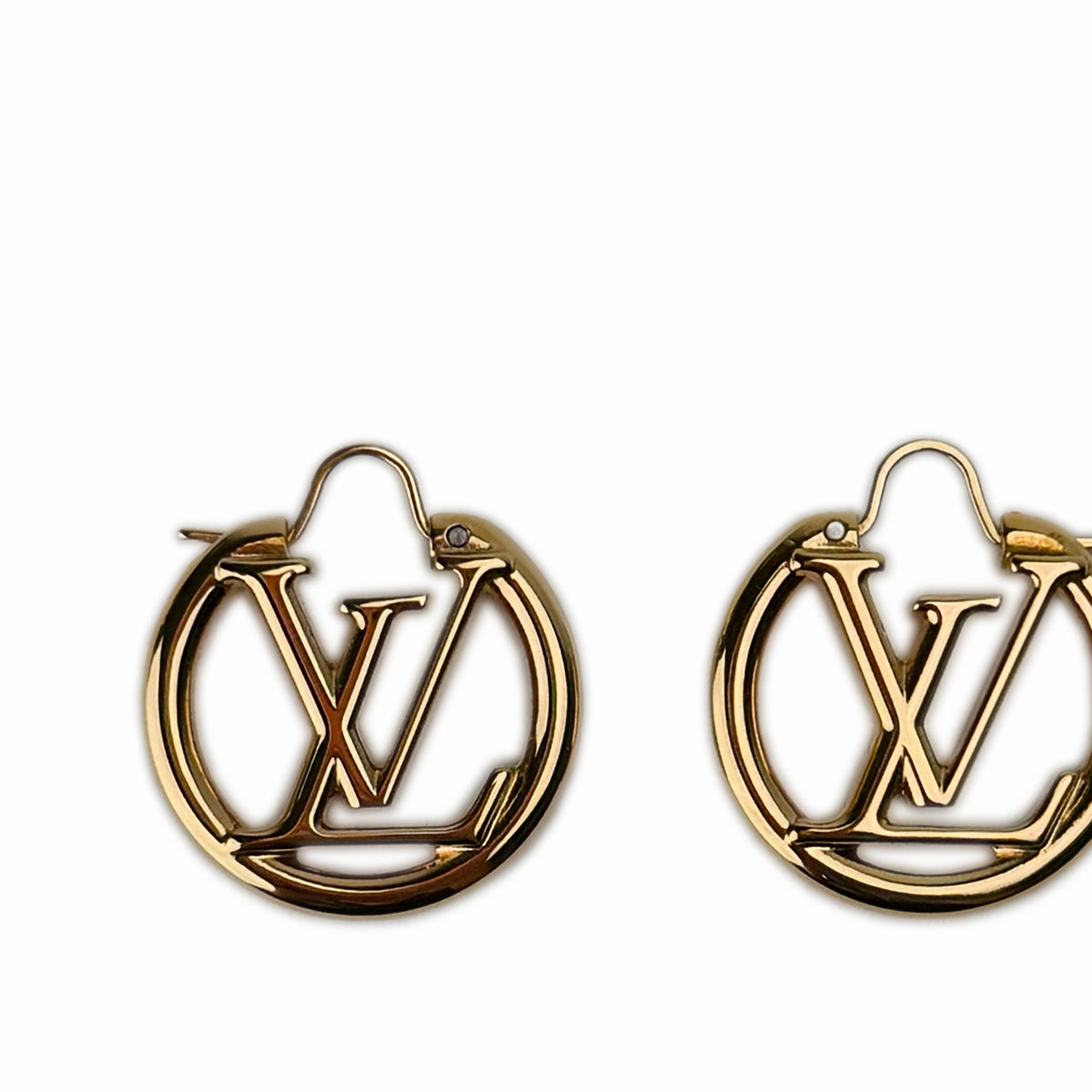 Gold-toned Louis Vuitton logo hoop earrings, curated Pre-loved Luxury by Myluxe in Helsinki.