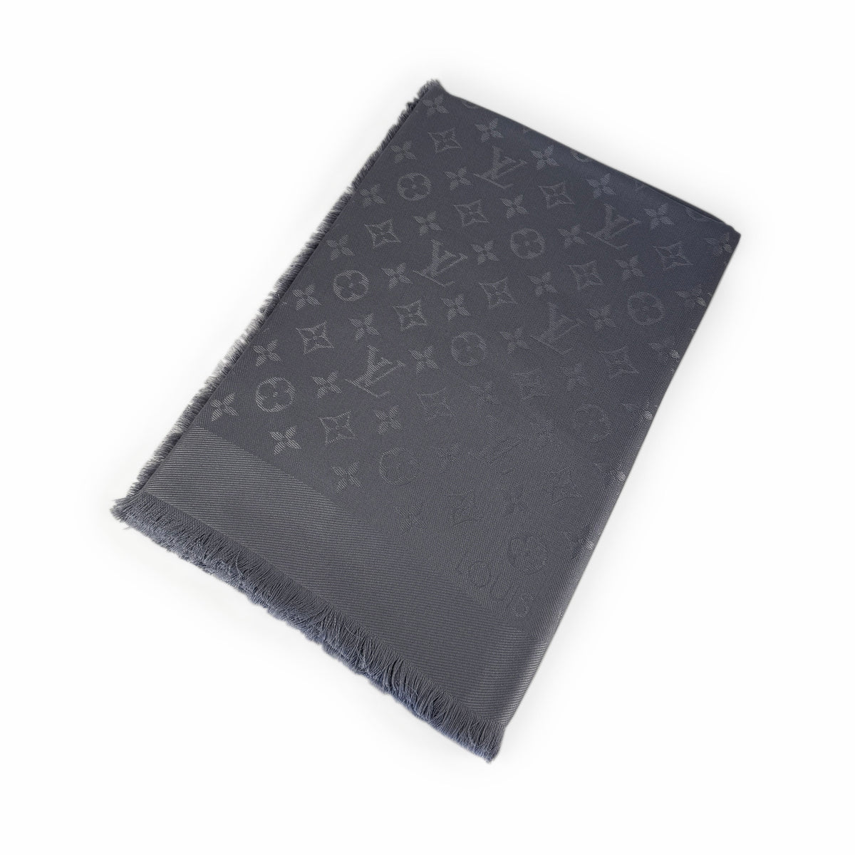 Grey Louis Vuitton monogram pattern silk scarf with fringed edges, curated Pre-loved Luxury by Myluxe in Helsinki.