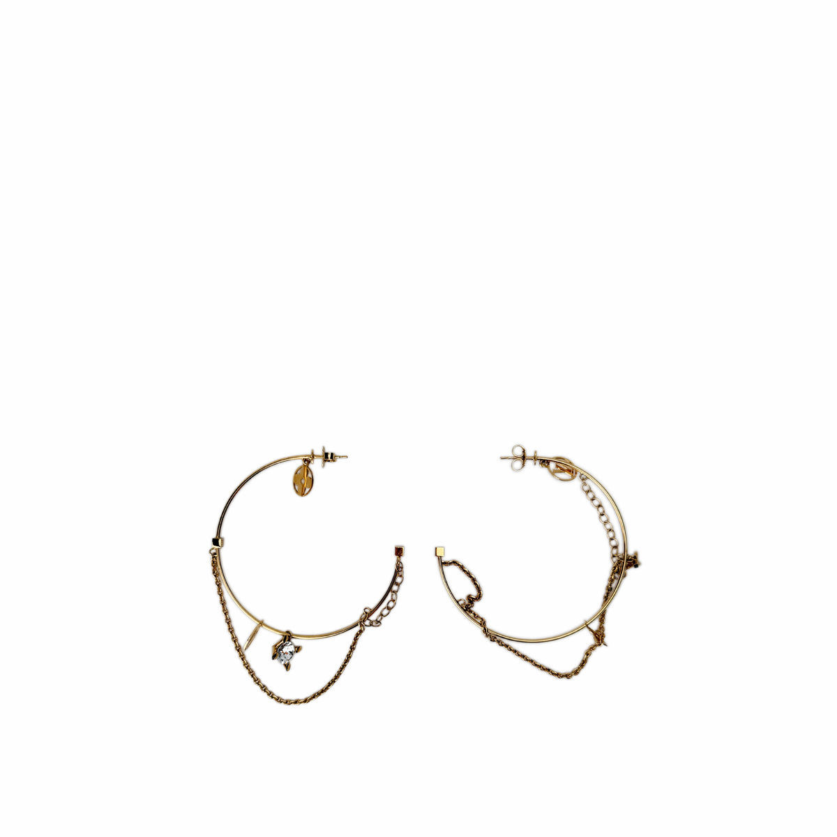 Gold-toned hoop earrings with dangling chains and crystals, curated Pre-loved Luxury by Myluxe in Helsinki.