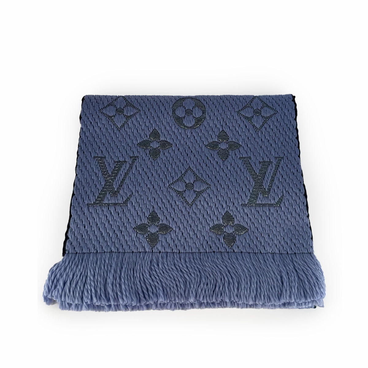 Blue textured monogram pattern luxury scarf with fringe, curated Pre-loved Luxury by Myluxe in Helsinki.