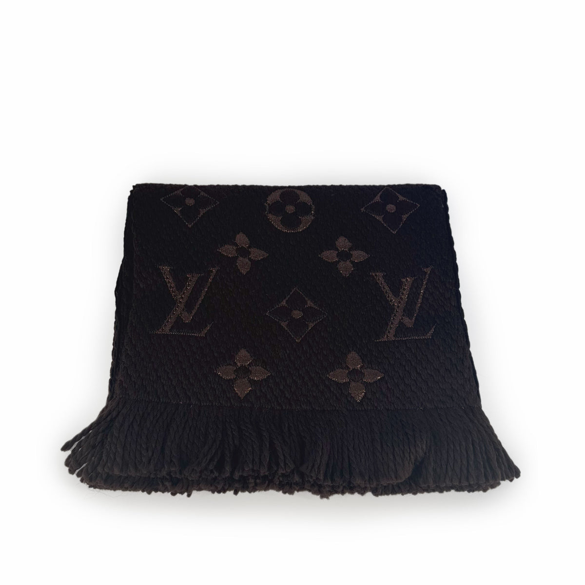 Brown monogrammed luxury wool scarf with fringe, curated Pre-loved Luxury by Myluxe in Helsinki.