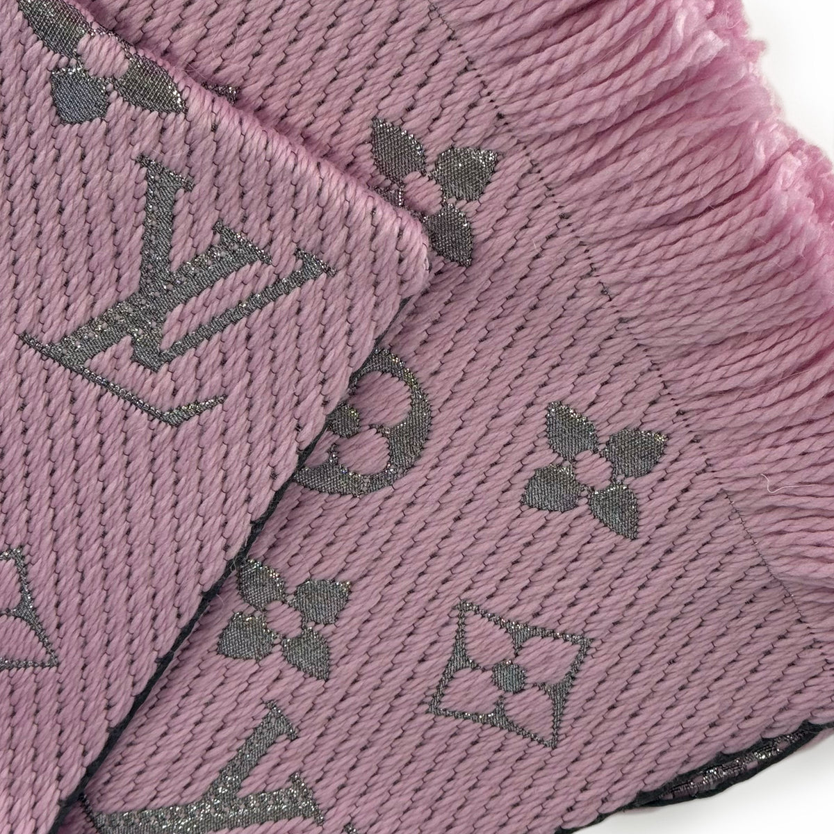 Pink Louis Vuitton monogram jacquard fabric with silver metallic weave, curated Pre-loved Luxury by Myluxe in Helsinki.