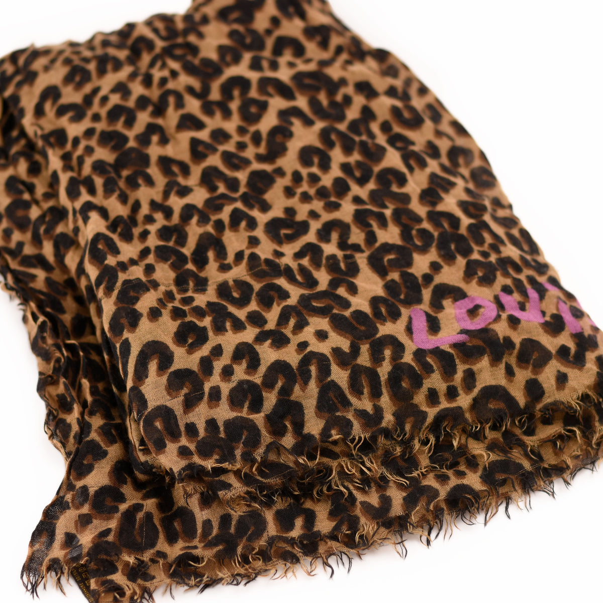 Brown leopard print silk scarf with purple text, curated Pre-loved Luxury by Myluxe in Helsinki.