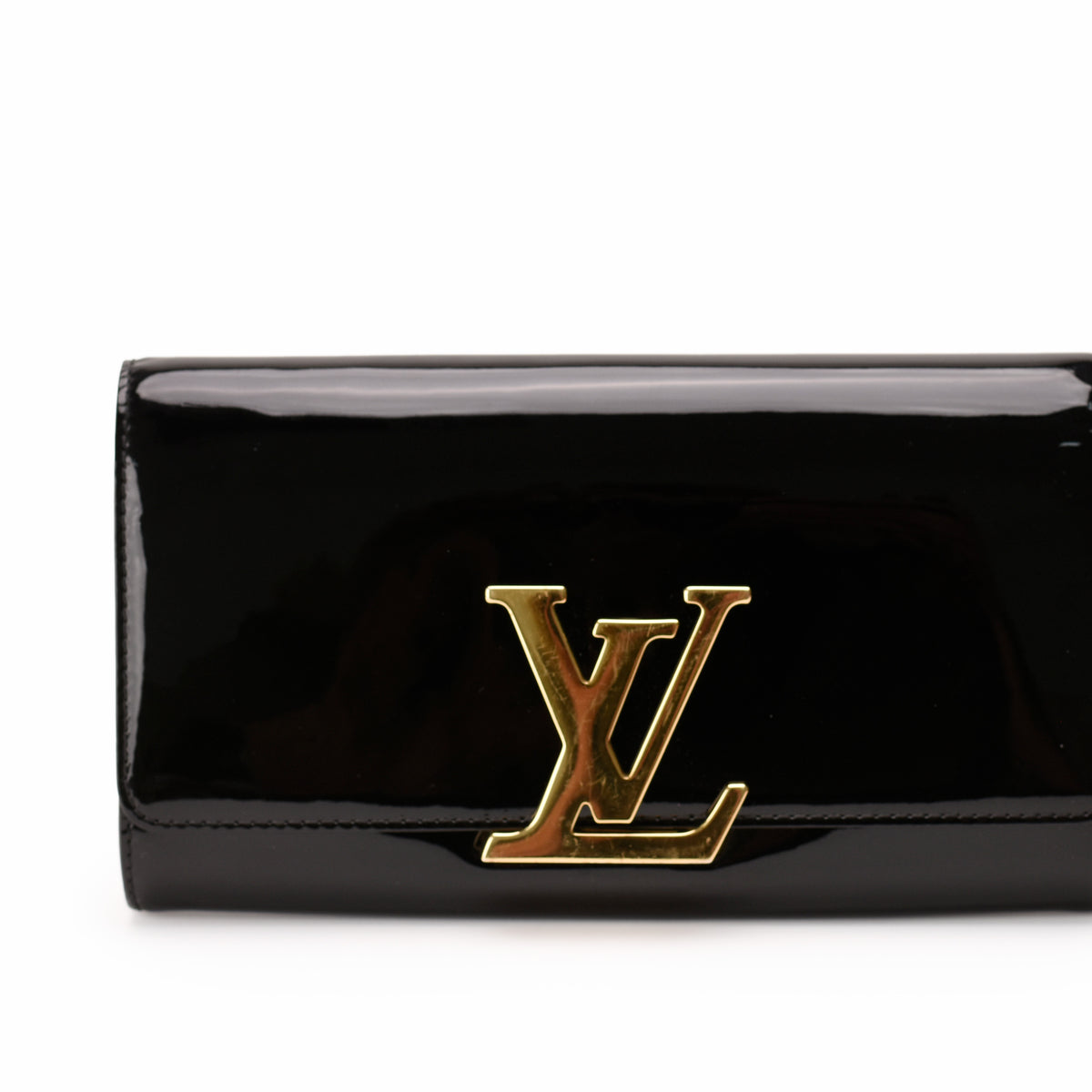 Black patent leather Louis Vuitton clutch with gold-tone LV logo, curated Pre-loved Luxury by Myluxe in Helsinki.