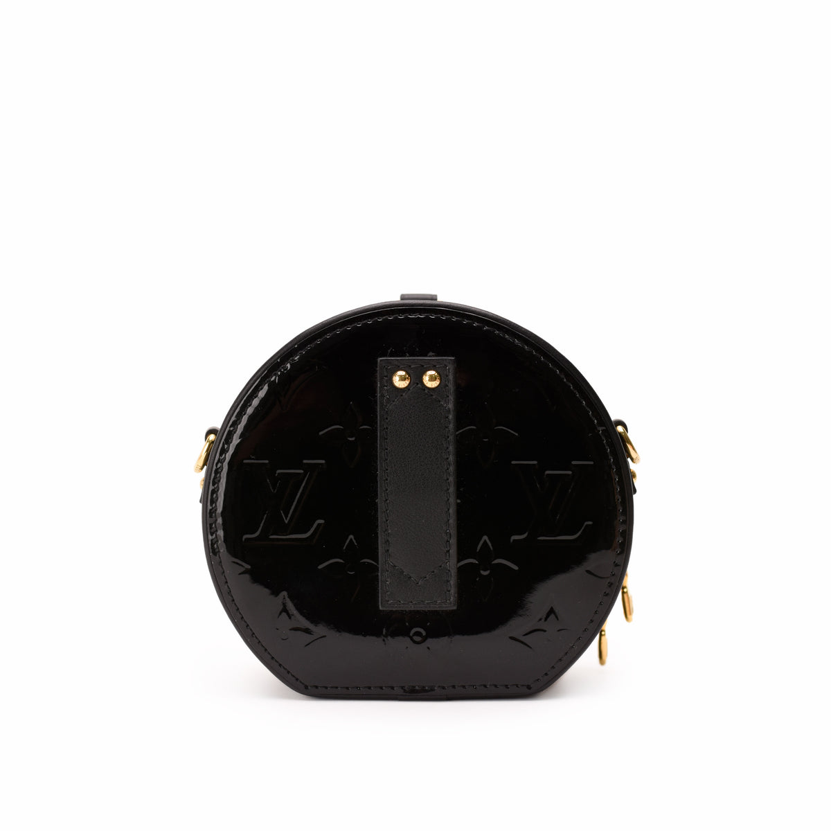 Black patent leather Louis Vuitton monogram round crossbody bag, curated Pre-loved Luxury by Myluxe in Helsinki.