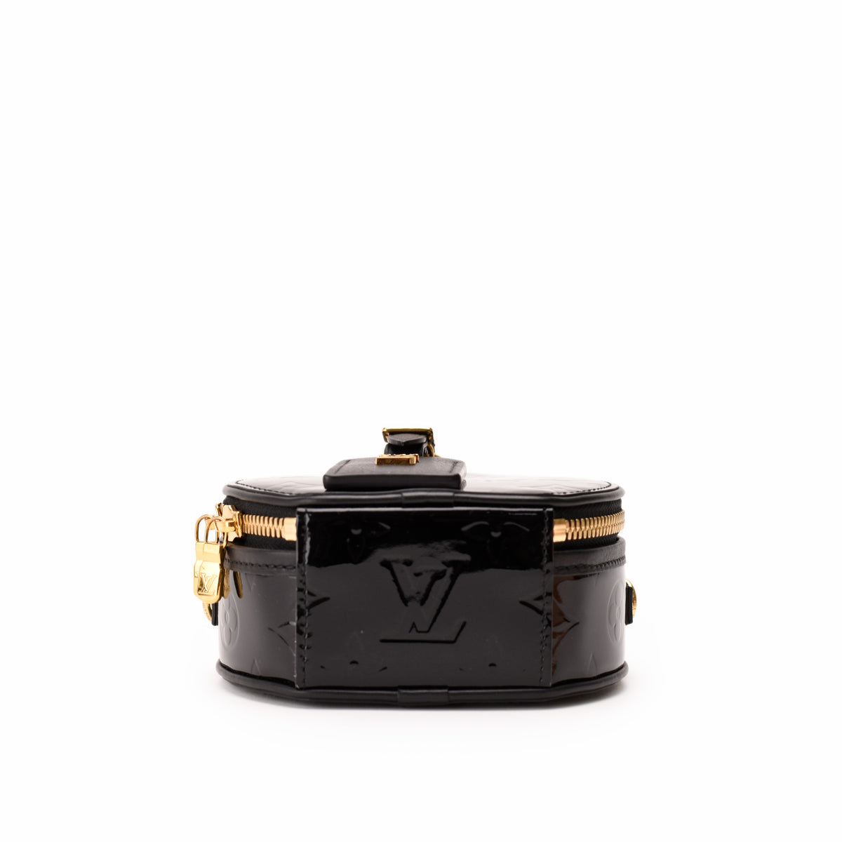Black patent leather Louis Vuitton monogram vanity case with gold-tone hardware, curated Pre-loved Luxury by Myluxe in Helsinki.