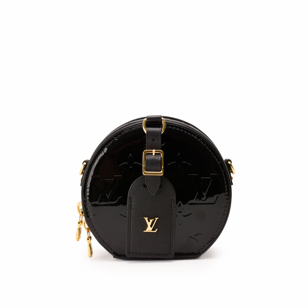 Black patent leather circular Louis Vuitton handbag with gold-tone hardware, curated Pre-loved Luxury by Myluxe in Helsinki.