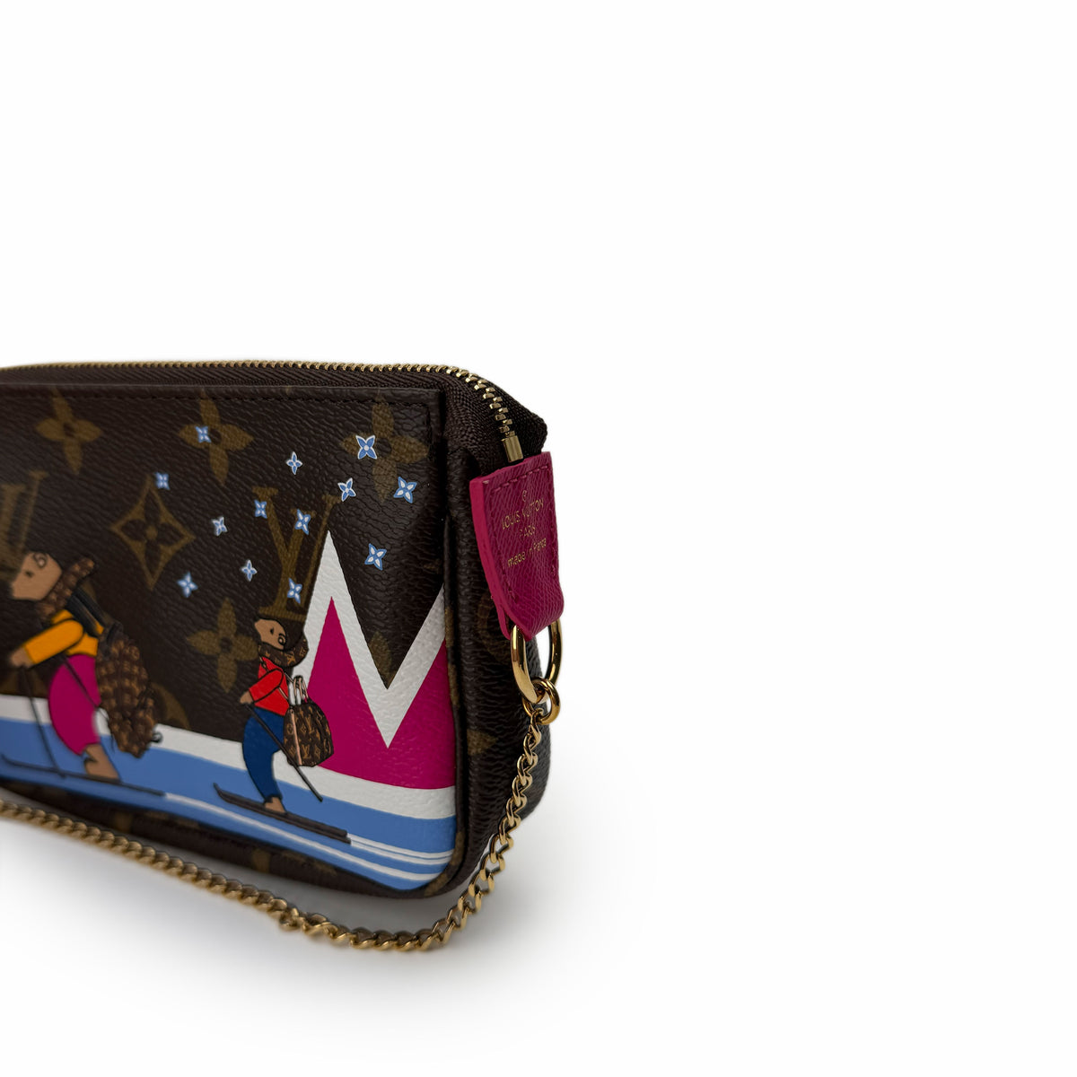 Louis Vuitton monogram canvas zip pouch with colorful ski motif, curated Pre-loved Luxury by Myluxe in Helsinki.