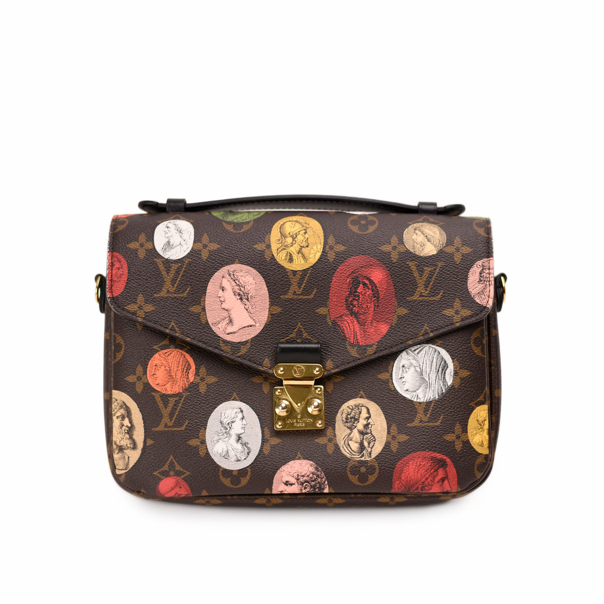 Brown Louis Vuitton monogram shoulder bag with colorful portrait prints, curated Pre-loved Luxury by Myluxe in Helsinki.
