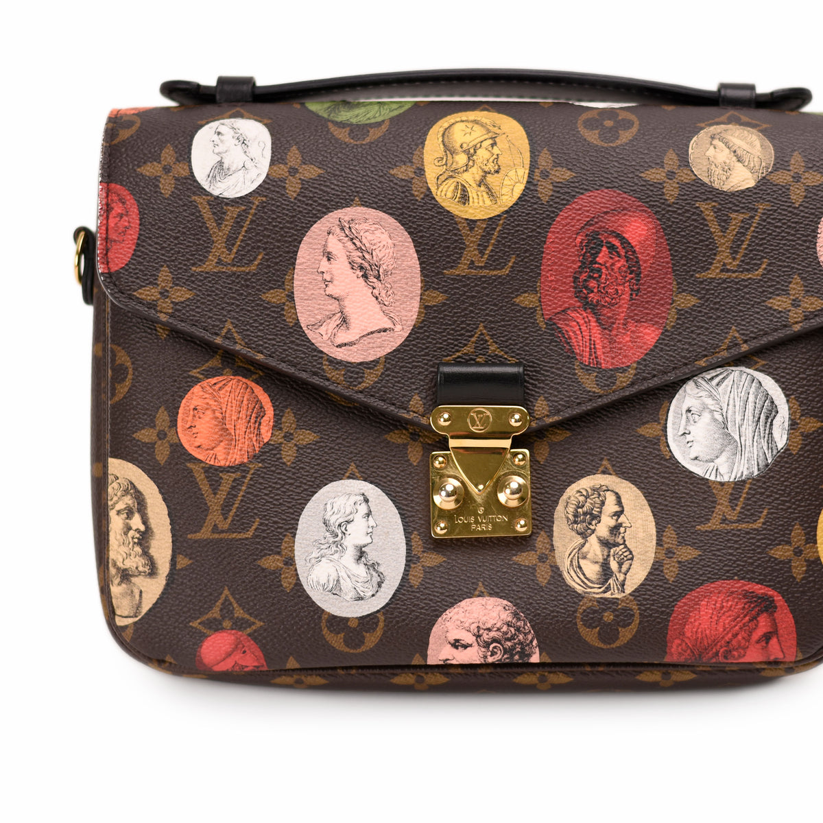 Brown Louis Vuitton monogram handbag featuring colorful classical portrait prints, curated Pre-loved Luxury by Myluxe in Helsinki.