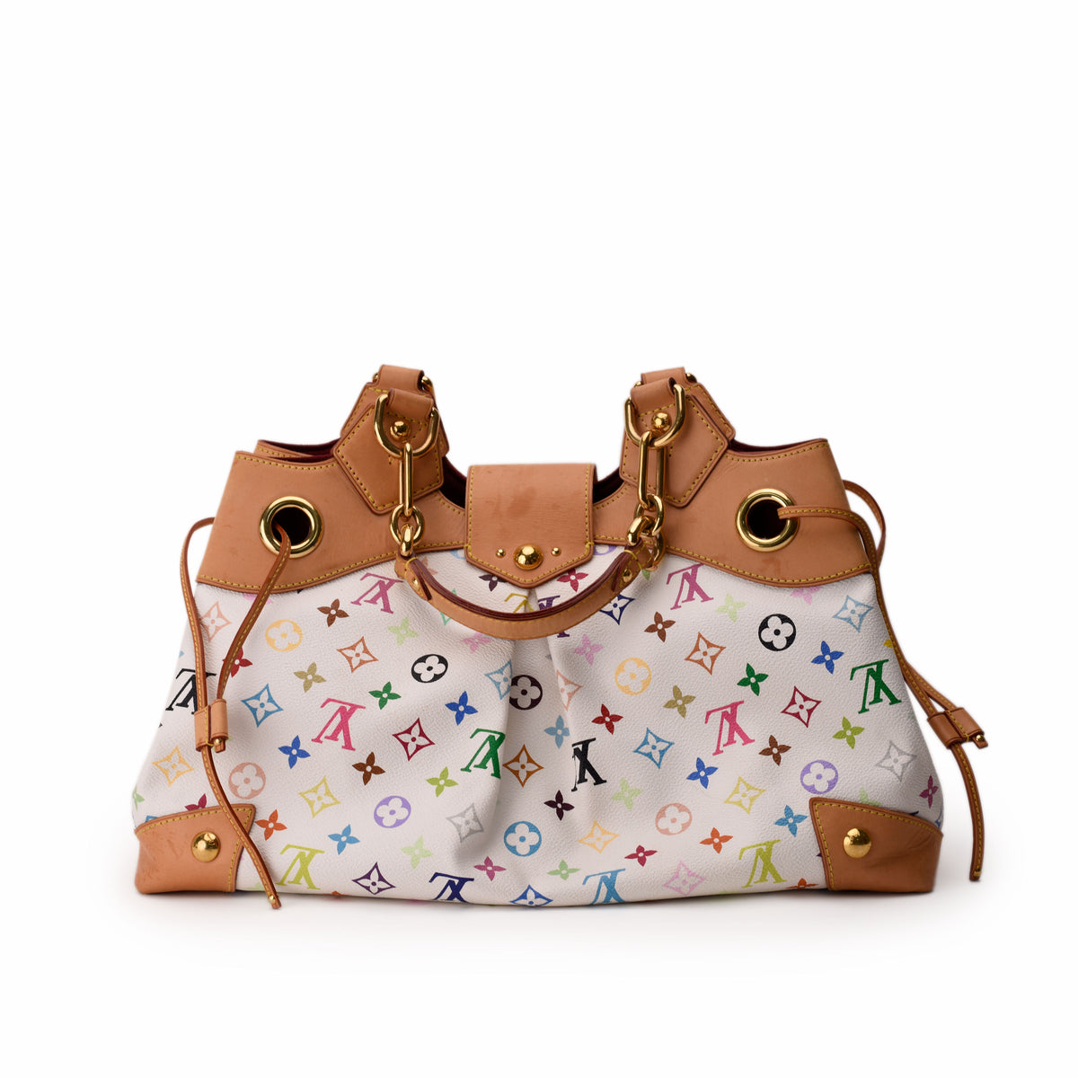 White multicolor monogram canvas luxury drawstring handbag with tan leather trim, curated Pre-loved Luxury by Myluxe in Helsinki.
