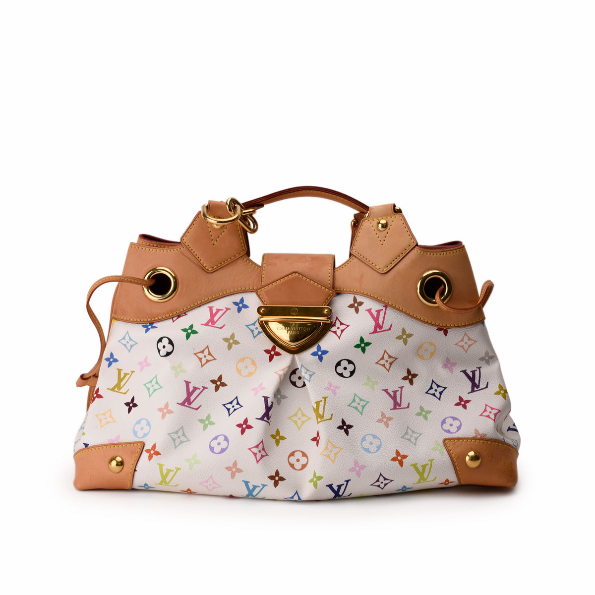 White Louis Vuitton monogram canvas handbag with tan leather trim and gold hardware, curated Pre-loved Luxury by Myluxe in Helsinki.