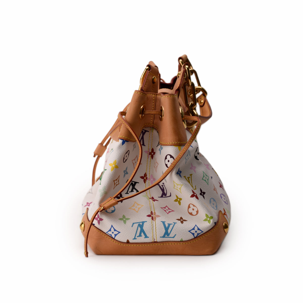 Louis Vuitton multicolor monogram canvas bucket bag with tan leather trim, curated Pre-loved Luxury by Myluxe in Helsinki.
