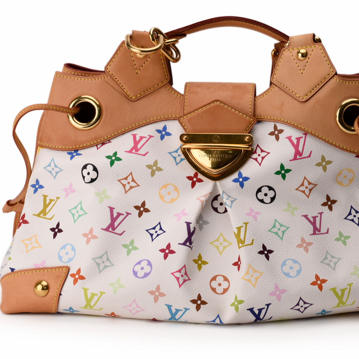 Louis Vuitton multicolor monogram canvas handbag with tan leather trim, curated Pre-loved Luxury by Myluxe in Helsinki.