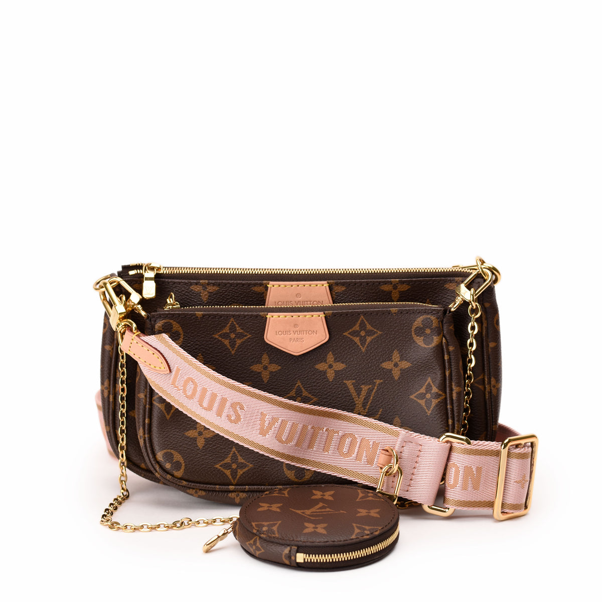 Louis Vuitton Monogram canvas brown shoulder bag with pink textile strap. curated Pre-loved Luxury by Myluxe in Helsinki.