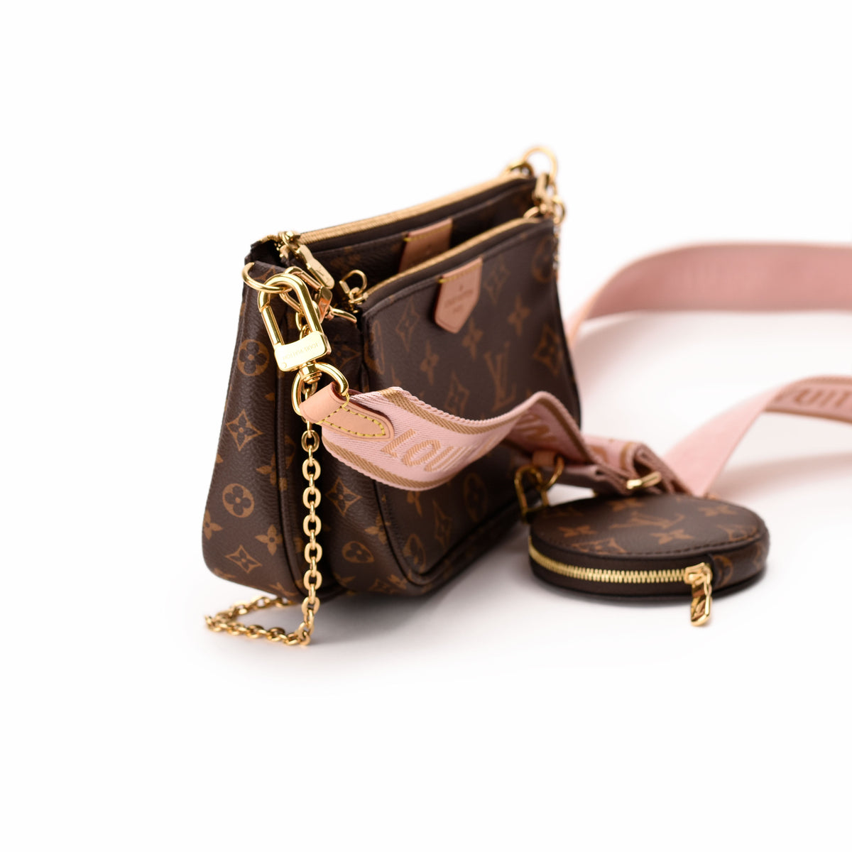 Louis Vuitton monogram canvas crossbody bag with pink strap and coin pouch. curated Pre-loved Luxury by Myluxe in Helsinki.