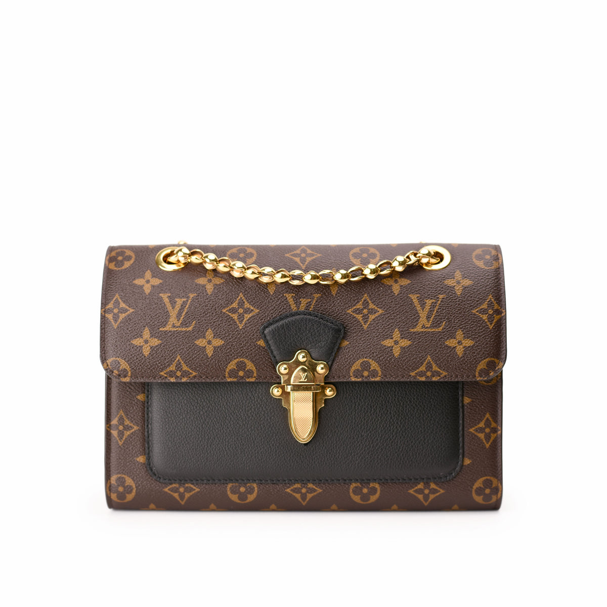 Louis Vuitton brown monogram canvas shoulder bag with black leather and gold hardware, curated Pre-loved Luxury by Myluxe in Helsinki.