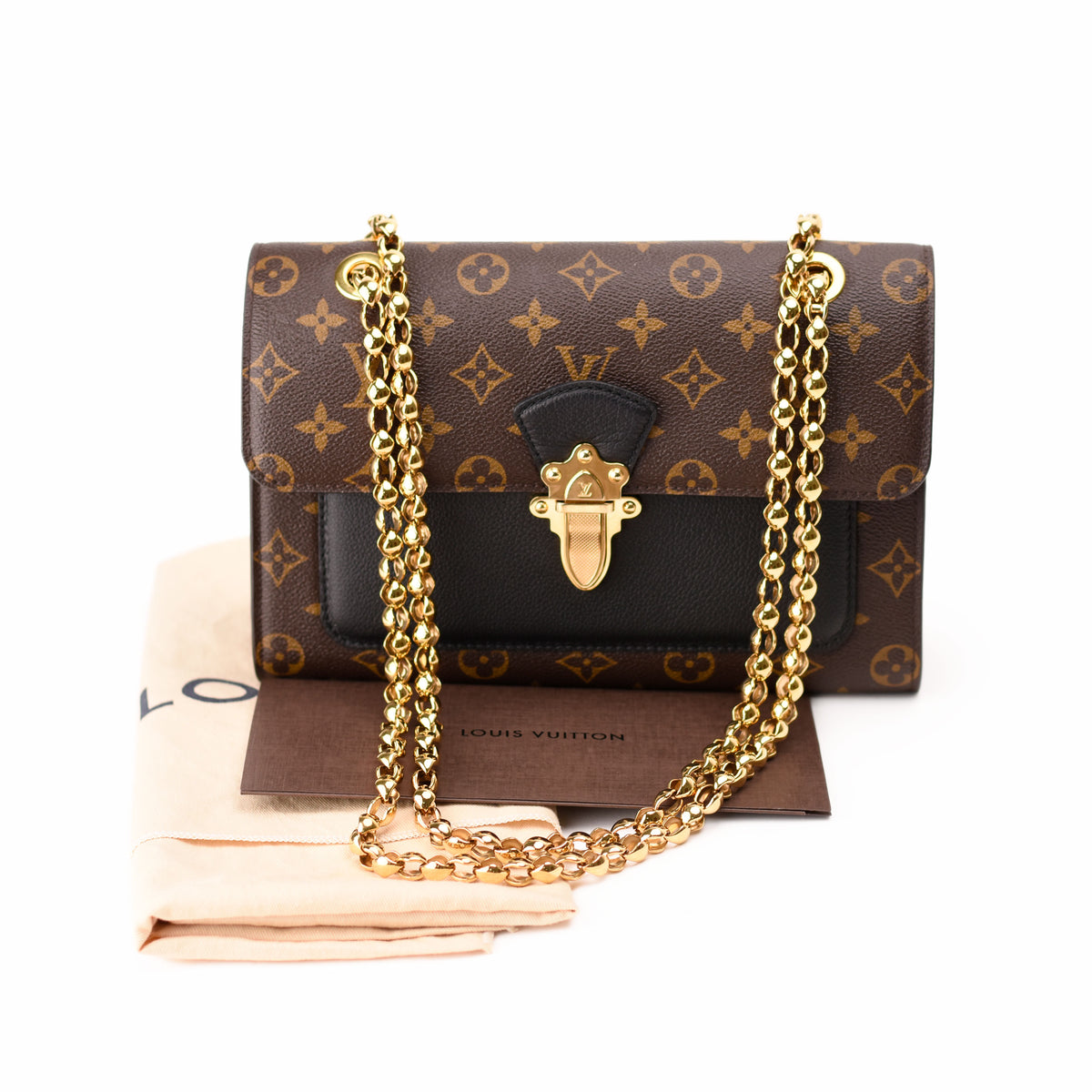 Louis Vuitton brown monogram canvas handbag with gold chain strap, curated Pre-loved Luxury by Myluxe in Helsinki.