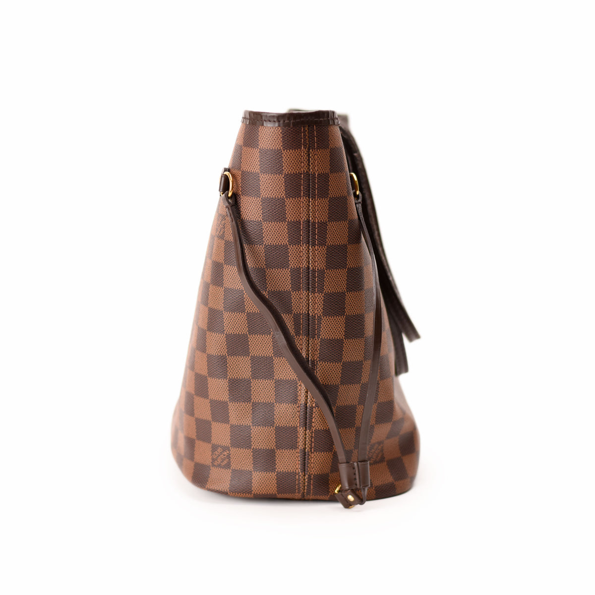 Louis Vuitton Damier Ebene canvas bucket bag in brown checkered pattern. curated Pre-loved Luxury by Myluxe in Helsinki.