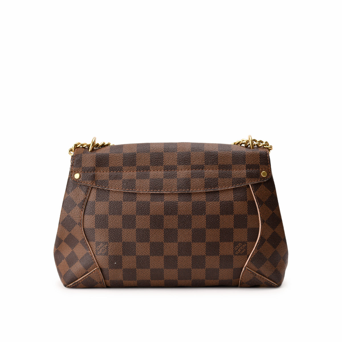 Louis Vuitton Damier Ebene checkered canvas shoulder bag with gold chain strap. curated Pre-loved Luxury by Myluxe in Helsinki.