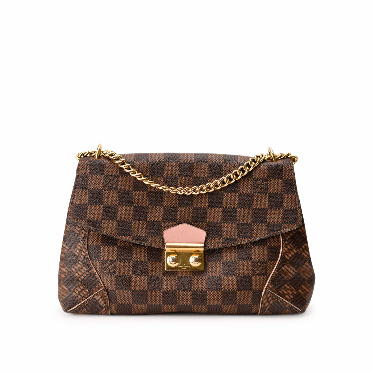 Louis Vuitton Damier Ebene checkered canvas handbag with gold chain strap. curated Pre-loved Luxury by Myluxe in Helsinki.