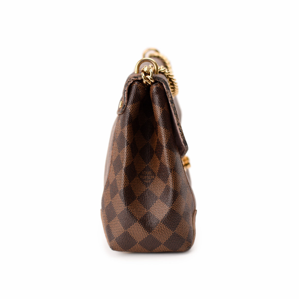 Louis Vuitton Damier Ebene brown checkered canvas handbag with gold chain strap. curated Pre-loved Luxury by Myluxe in Helsinki.