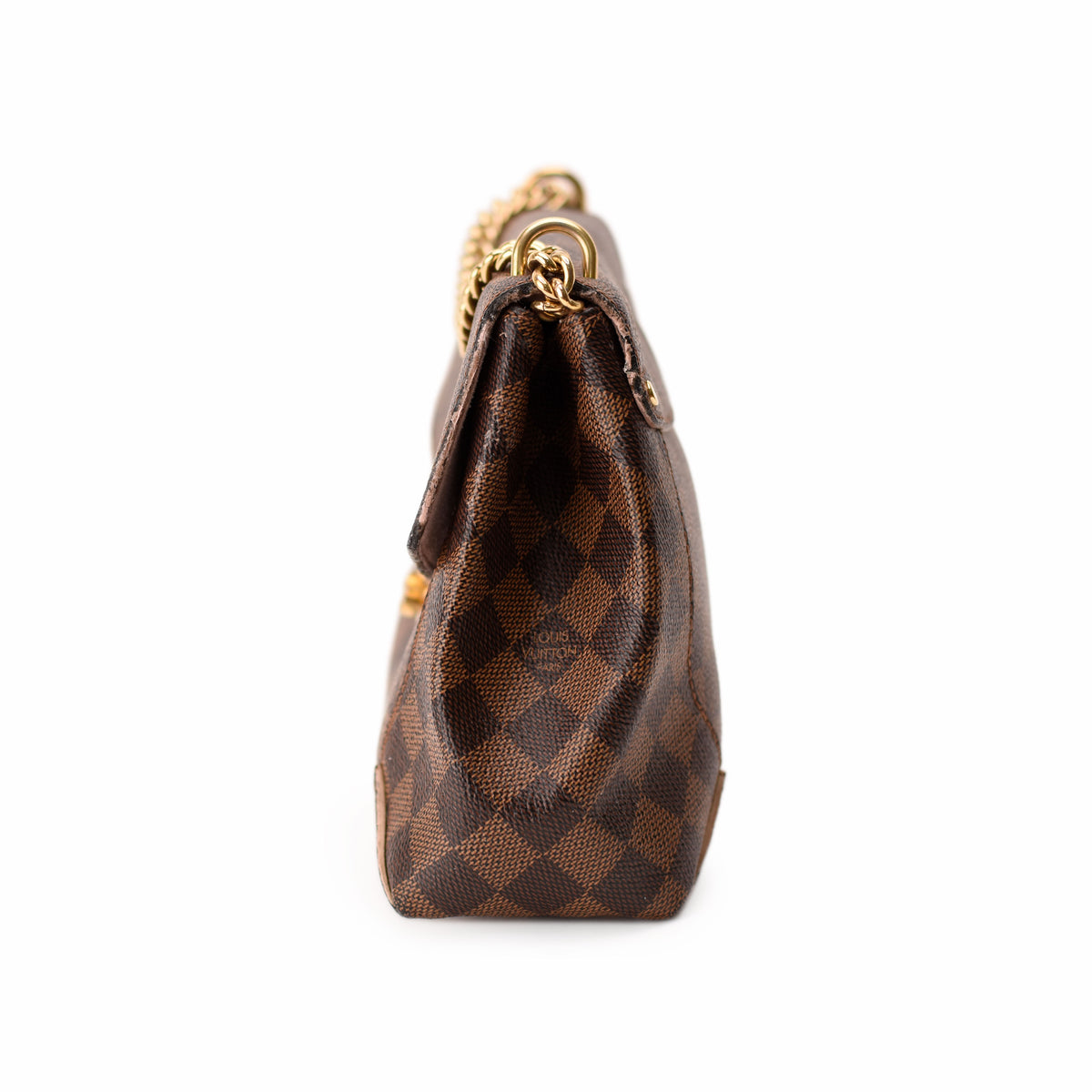 Louis Vuitton Damier Ebene canvas handbag with gold-tone chain strap. curated Pre-loved Luxury by Myluxe in Helsinki.