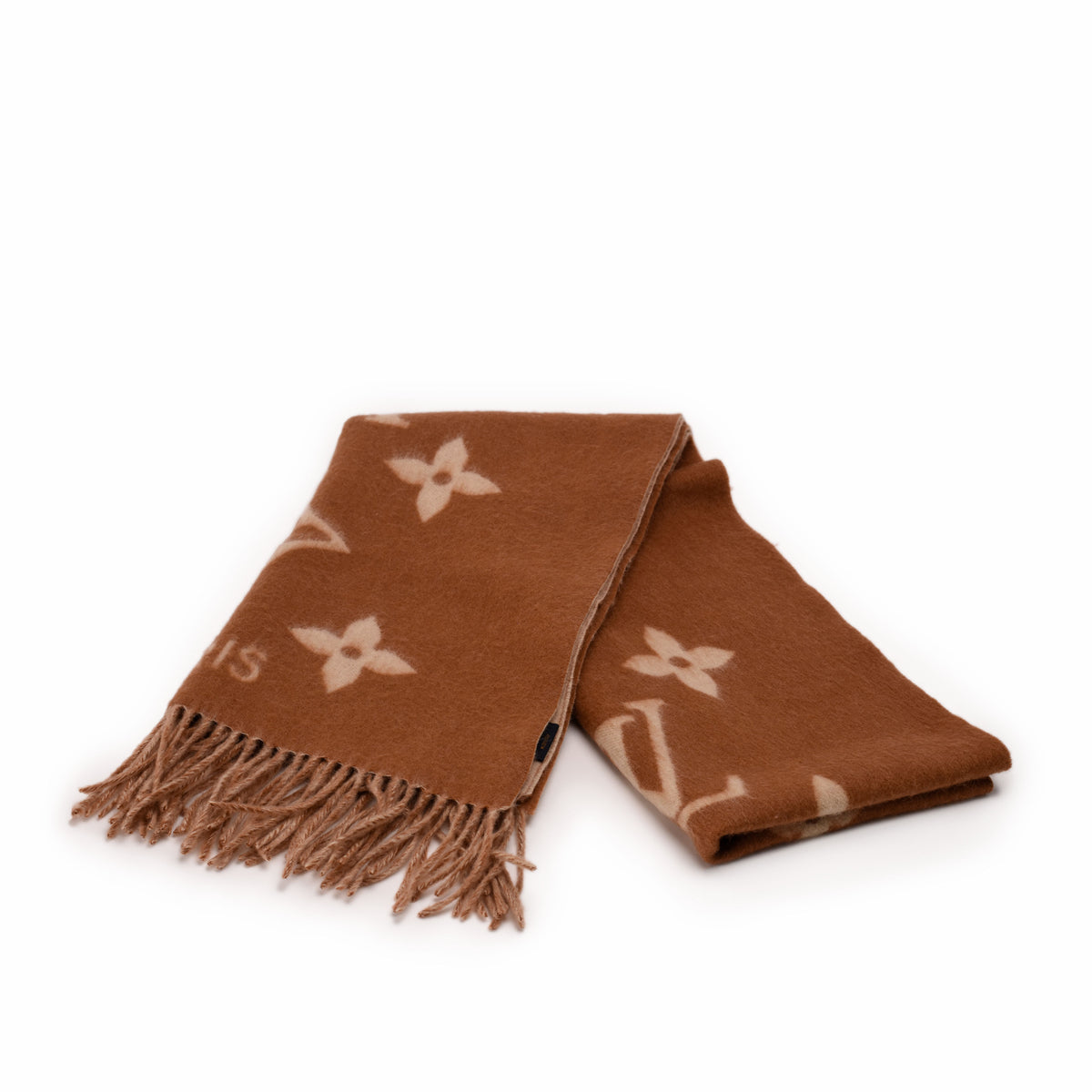 Brown monogram pattern wool scarf with fringe, curated Pre-loved Luxury by Myluxe in Helsinki.